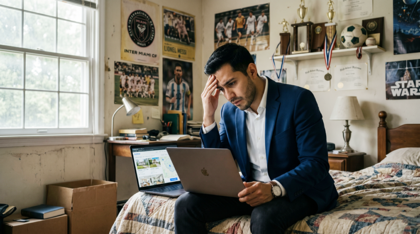 Joven profesional hispano preocupado revisando precios de viviendas en una computadora portátil dentro de su antigua habitación de la infancia.