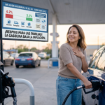 Mujer llenando el tanque de gasolina con expresion de alivio al bajar el precio por inflación
