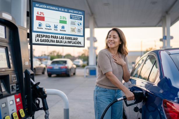 Mujer llenando el tanque de gasolina con expresion de alivio al bajar el precio por inflación