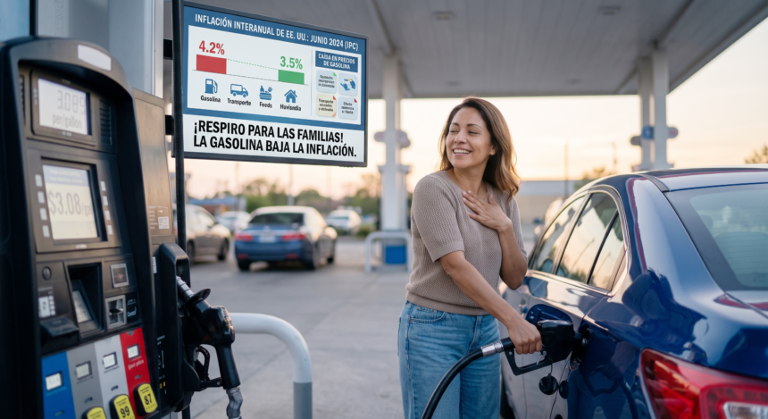 Mujer llenando el tanque de gasolina con expresion de alivio al bajar el precio por inflación