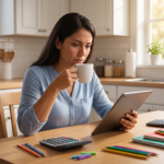 Madre hispana calculando los gastos del regreso a clases y el presupuesto de verano en la mesa de su cocina.