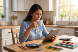 Madre hispana calculando los gastos del regreso a clases y el presupuesto de verano en la mesa de su cocina.
