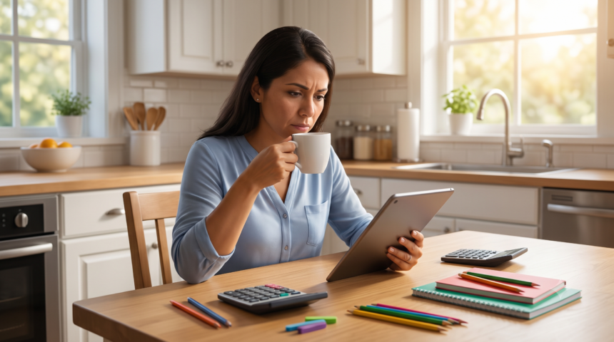 Madre hispana calculando los gastos del regreso a clases y el presupuesto de verano en la mesa de su cocina.