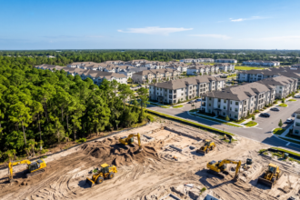Vista aérea de maquinaria de construcción trabajando en nuevos proyectos residenciales cerca de áreas boscosas en Florida.