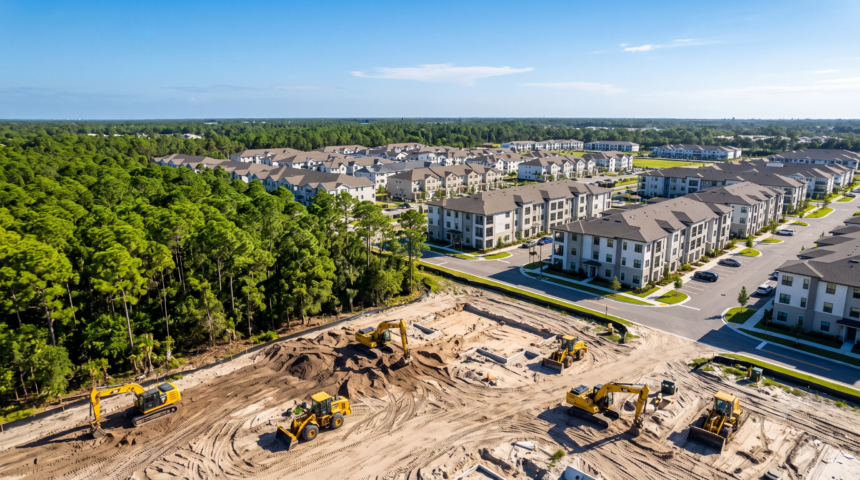 Vista aérea de maquinaria de construcción trabajando en nuevos proyectos residenciales cerca de áreas boscosas en Florida.